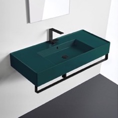 Green Console Sink With Black Towel Bar, Modern